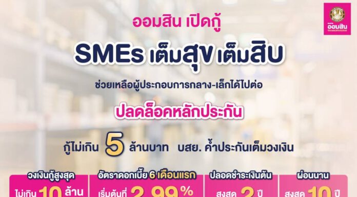 ออมสิน เปิดกู้ “SMEs เต็มสุข เต็มสิบ” ช่วยเหลือผู้ประกอบการกลาง-เล็กได้ไปต่อ บสย.ค้ำให้