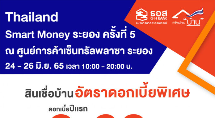 ธอส.ขนโปร สินเชื่อบ้าน สลากออมทรัพย์ บ้านมือสอง ร่วมงาน Thailand Smart Money ระยอง 24-26 มิ.ย.นี้