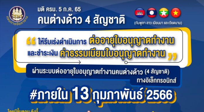 เตือน! 13 ก.พ.นี้ วันสุดท้าย ยื่นต่อใบอนุญาตแรงงานต่างด้าว 4 สัญชาติ