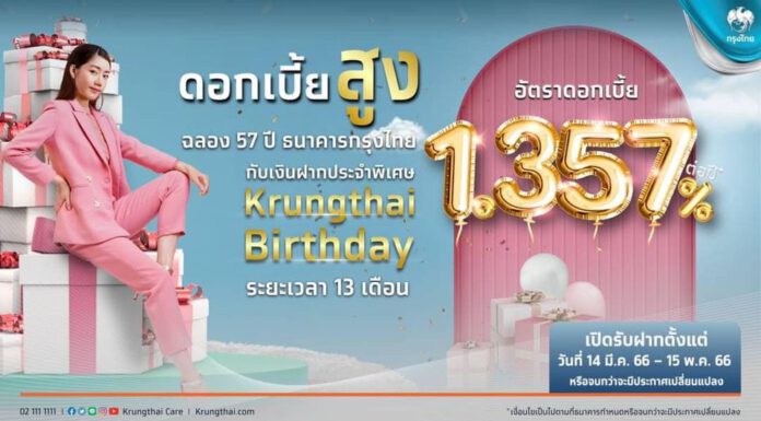 “กรุงไทย” ฉลองครบรอบ 57 ปี ออกเงินฝาก “Krungthai Birthday” ดอกเบี้ย 1.357% ต่อปี