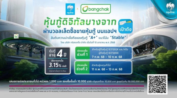 เตรียมตัว! จองซื้อ “หุ้นกู้ดิจิทัลบางจาก” บนแอปฯ “เป๋าตัง” อายุ 4 ปี ดอก 3.15% ต่อปี จองซื้อ 7-13 ก.พ.