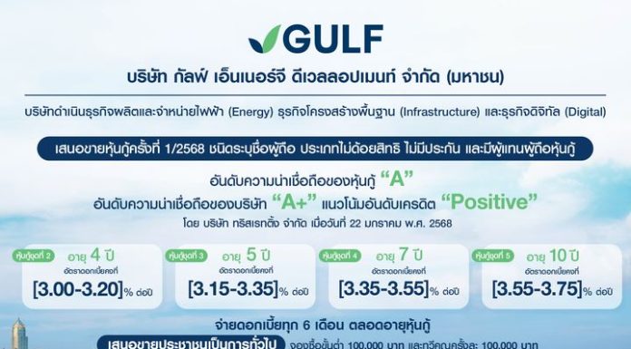 GULF เตรียมเสนอขายหุ้นกู้แก่ประชาชนทั่วไป ปลาย ก.พ.68