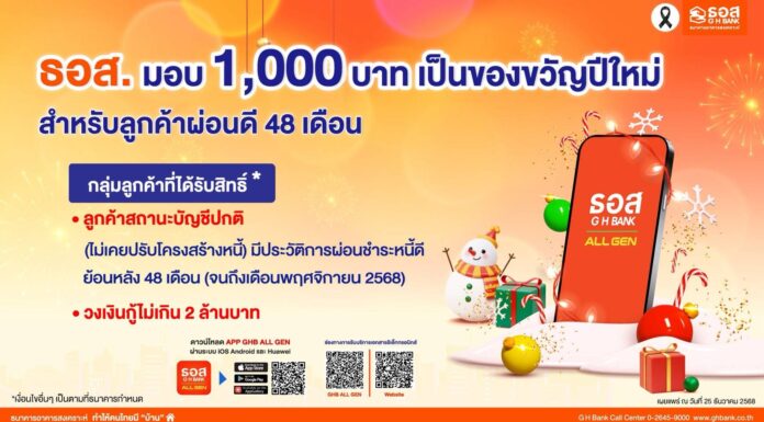 ธอส. มอบของขวัญปีใหม่ตอบแทนลูกค้าผ่อนชำระดี 48 เดือน รับเงิน 1,000 บาท
