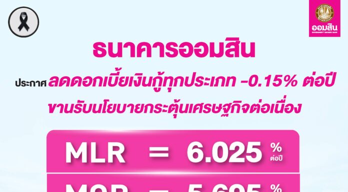 ออมสินลดดอกเบี้ยเงินกู้ทุกประเภท MLR/MOR/MRR แตะระดับต่ำสุดทั้งระบบ พร้อมตรึงดอกเบี้ยเงินฝาก