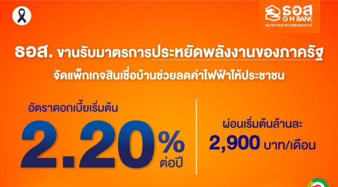 ธอส. ขานรับมาตรการประหยัดพลังงานของภาครัฐ พร้อมจัดแพ็กเกจสินเชื่อบ้านประหยัดพลังงาน อัตราดอกเบี้ยเริ่มต้น 2.20% ต่อปี