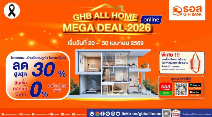 ธอส. จัดใหญ่ในงาน “GHB ALL HOME MEGA DEAL 2026 Online” พบทรัพย์บ้านมือสองลดสูงสุด 30%