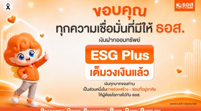 กระแสตอบรับดี! เงินฝากออมทรัพย์ ESG Plus ธอส. เต็มวงเงินแล้ว สะท้อนพลังการออมเพื่อสังคม